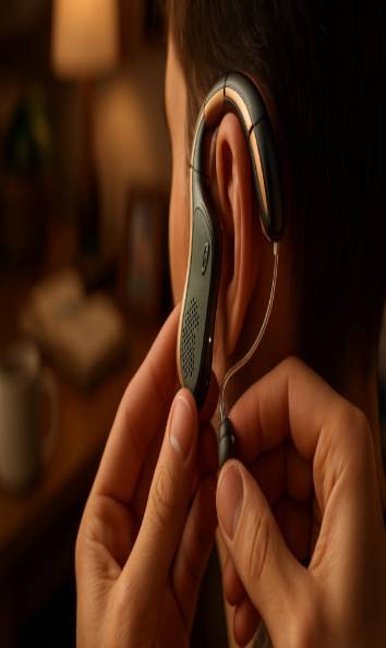 innovative hearing device, focused, being adjusted, photorealistic, in a cozy home environment with personal items around, highly detailed, capturing the intricacy of the device, warm earthy colors, evening light, shot with a close-up lens