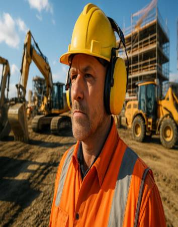 reliable hearing protection, vigilant, shielding from noise, photorealistic, on a busy construction site with machinery in the background, highly detailed, emphasizing safety, bright yellow and orange, direct sunlight, shot with a wide-angle lens