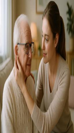 compassionate hearing care, attentive, assisting an elderly person, photorealistic, in a comfortable living room setting with soft furnishings, highly detailed, showing empathy and connection, soft pastel colors, ambient light, shot with a portrait lens