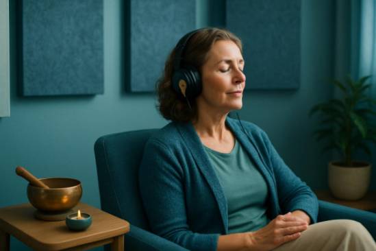 personalized hearing health, relaxed, participating in a sound therapy session, photorealistic, in a serene therapy room with acoustic panels, highly detailed, capturing tranquility, cool blues and greens, soft indirect lighting, shot with a 35mm lens
