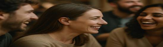 discreet hearing device, subtle, seamlessly worn, photorealistic, amid a lively social gathering with friends laughing, highly detailed, blending into the environment, neutral and earth tones, soft ambient light, shot with a telephoto lens