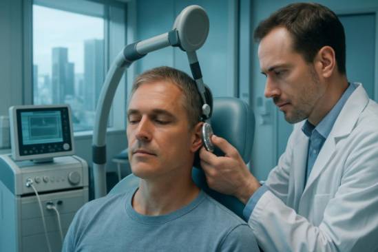 calm man, serene, undergoing tinnitus treatment, photorealistic, modern medical facility with advanced equipment and cityscape view, highly detailed, focused specialist in the foreground, HDR, cool tones, artificial daylight, shot with a 35mm prime lens.