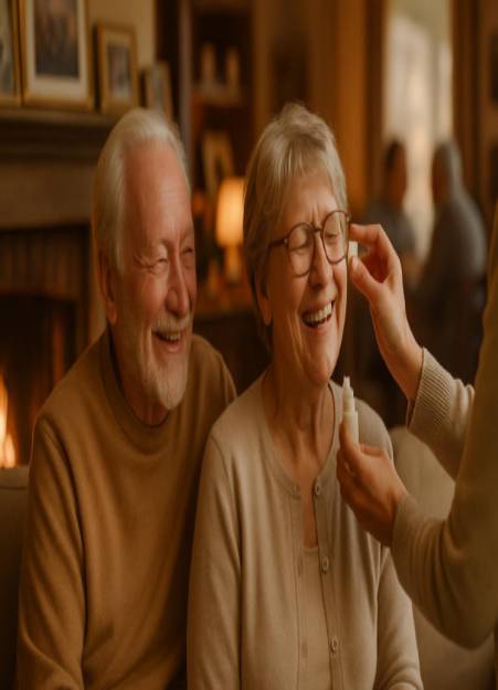 joyful elderly couple, relaxed, receiving tinnitus remedy, photorealistic, cozy living room with a warm fire and family photos, highly detailed, soft conversations in the background, ISO 100, warm earth tones, natural golden hour light, shot with a 85mm lens.