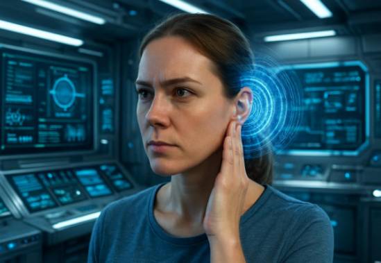 focused woman, attentive, experiencing tinnitus cure, photorealistic, futuristic laboratory with holographic displays and technical readouts, highly detailed, digital sound waves encircling, CGI enhancement, metallic silver and blue tones, bright fluorescent light, shot with a 24-70mm lens.