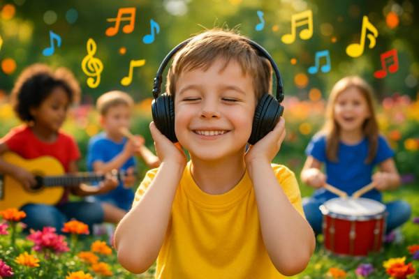 content child, smiling, enjoying tinnitus relief, photorealistic, colorful park with blooming flowers and playful music, highly detailed, children playing instruments, Bokeh effect, vivid primary colors, soft sunlight, shot with a 70-200mm zoom lens.