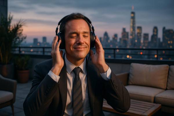 relieved businessman, optimistic, engaging in tinnitus treatment, photorealistic, urban rooftop with distant city skyline and relaxing lounge setup, highly detailed, subtle background chatter, hyper-realistic, monochromatic with hints of vibrant color, twilight lighting, shot with a 18-55mm lens.