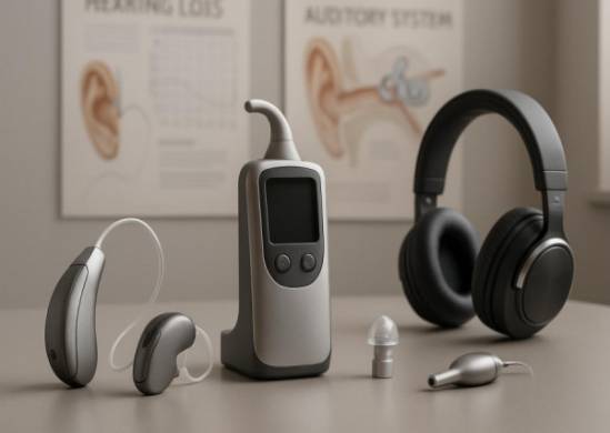 sleek audiology equipment, sophisticated, displayed on a table, photorealistic, clutter-free environment with informational posters on the walls, highly detailed, various devices from earbuds to over-ear models, precision, metallic and neutral colors, ambient lighting, shot with an 85mm lens.