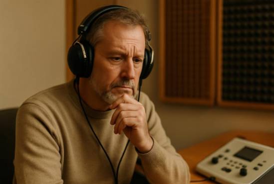 concerned audiology patient, thoughtful, taking a hearing test, photorealistic, within a cozy clinic room with acoustic panels, highly detailed, patient wearing headphones, bokeh, warm natural colors, soft directional lighting, shot with a 70-200mm lens.