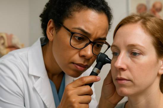 diligent audiology exam, attentive, checking ear canal with an otoscope, photorealistic, intimate exam room featuring anatomical models, highly detailed, doctor examining closely, depth of field, skin tones and whites, bright overhead lighting, shot with a 90mm macro lens.