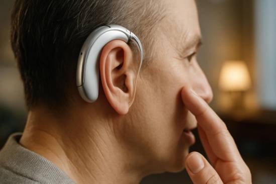 modern hearing device, attentive, amplifying soft whisper, photorealistic, cozy indoor setting with soft acoustics, highly detailed, gentle background music, polished surfaces, white and silver, ambient indoor lighting, shot with a macro lens