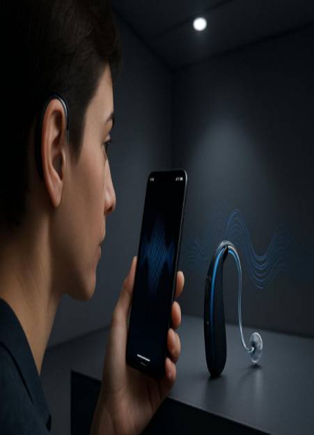 advanced hearing technology, curious, connecting to smartphone, photorealistic, minimalist tech showroom, highly detailed, digital sound waves in the air, sleek design, black and blue, overhead spotlighting, shot with a wide-angle lens