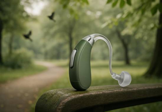 compact hearing amplifier, content, boosting quiet sounds, photorealistic, serene park scene with chirping birds, highly detailed, leaves rustling in the wind, matte finish, moss green and silver, soft diffused light, shot with a telephoto lens