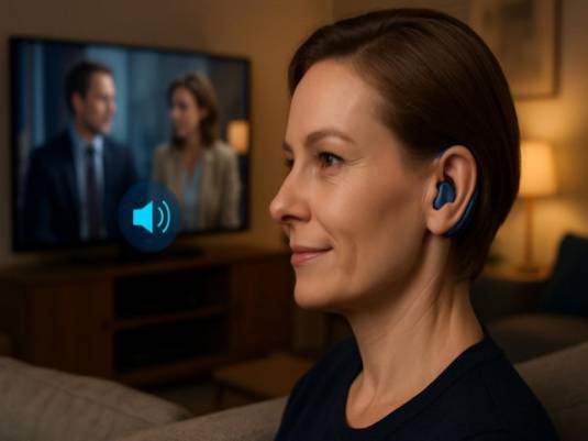 innovative hearing aid, confident, syncing with TV audio, photorealistic, modern living room with cozy furnishings, highly detailed, television show playing in the background, glossy appearance, deep ocean blue, evening lamp light, shot with a standard lens