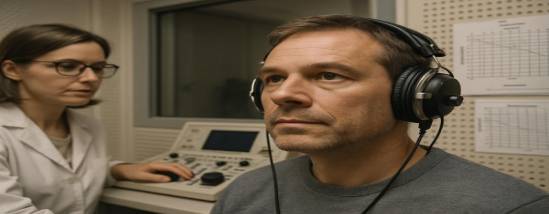 busy audiology exam, attentive, patient listening, photorealistic, surrounded by soundproof equipment and charts, highly detailed, hearing test underway, 8k resolution, neutral palette, overhead lighting, shot with a macro lens.