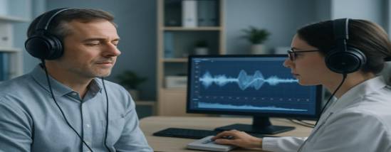 calm audiology test, concentrated, audiologist with headphones, photorealistic, in a well-furnished audiology lab, highly detailed, sound waves being analyzed on a screen, 4k resolution, soft blues and greys, soft lighting, shot with an 85mm lens.