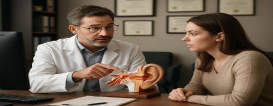 interactive audiology consultation, engaged, discussing auditory health, photorealistic, amidst modern office furniture and walls adorned with certificates, highly detailed, pointing to a detailed model of the ear, 6k resolution, earthy tones, diffused lighting, shot with a 70mm lens.
