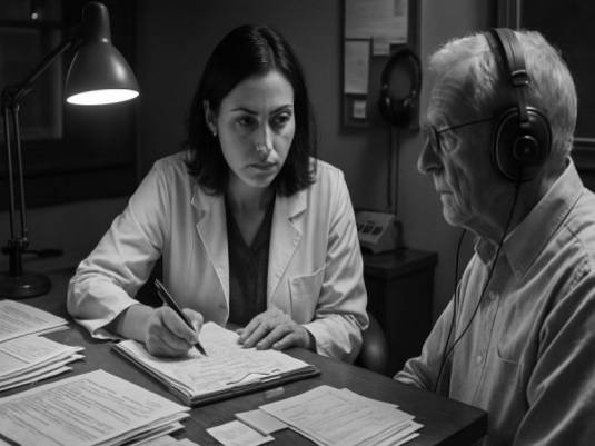 thorough audiology exam, observant, recording patient history, photorealistic, desk cluttered with notes and patient files, highly detailed, subtle background sounds, 8k resolution, monochromatic scheme, task lighting, shot with a 50mm lens.