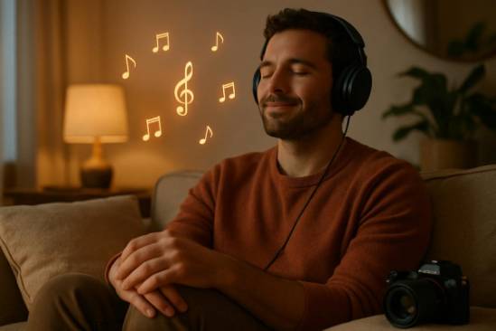 content person, relaxed expression, listening to music, photorealistic, cozy living room with soft furnishings, highly detailed, ambient music notes floating, mirrorless camera, warm tones, gentle evening lighting, shot with an 85mm lens.