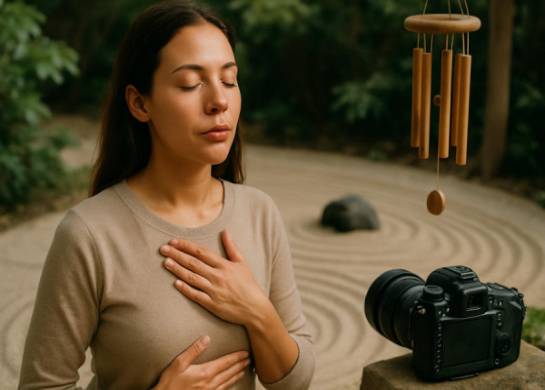 relaxed woman, focused expression, practicing deep breathing, photorealistic, Zen garden with raked sand, highly detailed, gentle wind chimes, professional DSLR camera, earthy colors, diffused daylight, shot with a 35mm lens.