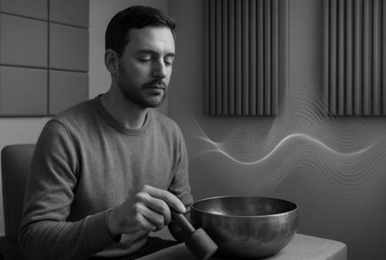 calm man, attentive expression, engaging in sound therapy, photorealistic, modern therapy room with acoustic panels, highly detailed, soft sound waves visualized, high-resolution camera, monochromatic palette, soft ambient lighting, shot with a 24mm lens.