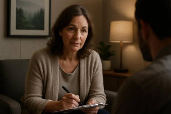 soothing counselor, empathetic expression, guiding therapy session, photorealistic, quiet office with nature-themed decor, highly detailed, soundproof walls, premium DSLR camera, neutral colors, subdued lighting, shot with a 70-200mm lens.