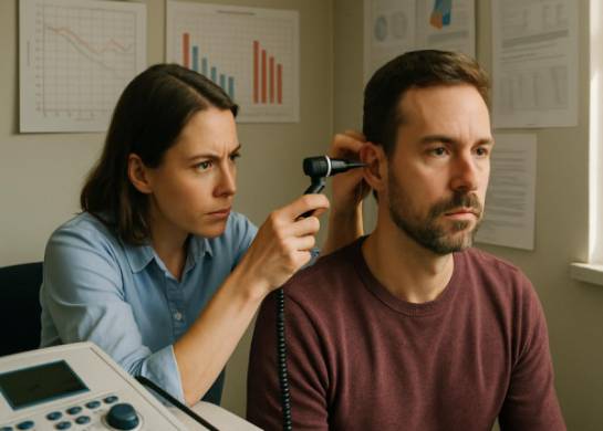 focused audiology exam, attentive expressions, checking patient's ear health, photorealistic, clinic room with various charts and graphs on walls, highly detailed, slight movement from testing devices, 4k resolution, natural afternoon lighting, shot with a 35mm lens.