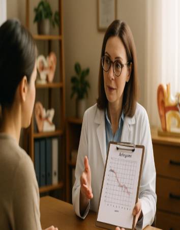 professional audiology expert, calm demeanor, explaining test results to a patient, photorealistic, cozy and well-organized office adorned with ear models, highly detailed, subtle gestures from the expert, full HD resolution, soft diffused light, shot with an 85mm lens.