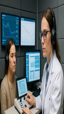 advanced audiology testing, concentration evident, utilizing state-of-the-art equipment, photorealistic, high-tech lab with digital displays and soundproofing panels, highly detailed, graphs and data popping up on screens, ultra HD resolution, bright overhead lighting, shot with a 50mm lens.