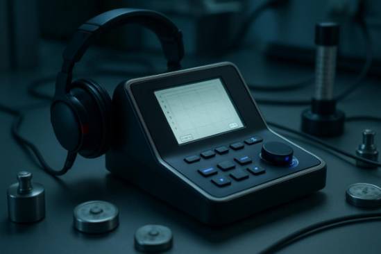 compact audiology equipment, sleek design, in use during a hearing assessment, photorealistic, tabletop setup surrounded by various calibration tools, highly detailed, gentle blinking lights indicating active testing, 6k resolution, cool fluorescent lighting, shot with a macro lens.