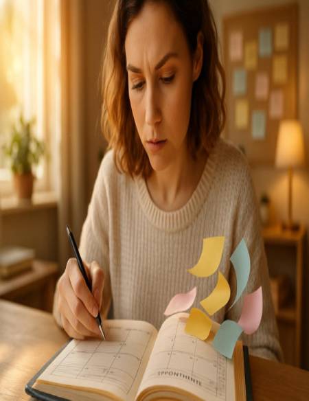 organized appointment calendar, concentrated expression, perusing a planner, photorealistic, cozy home office with warm lighting, highly detailed, swirling post-it notes, high-resolution, pastel hues, morning sun rays, shot with a macro lens.