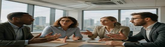 dynamic appointment meeting, collaborative expression, gesturing during discussion, photorealistic, bright conference room with a cityscape view, highly detailed, flowing air from an AC vent, 4k, muted tones, natural daylight, shot with a zoom lens.