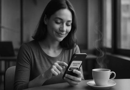 efficient appointment confirmation, satisfied expression, clicking confirm on a smartphone, photorealistic, minimalistic tech-centric café, highly detailed, swirling coffee steam, high clarity, monochrome palette, gentle ambient glow, shot with a portrait lens.