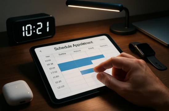 precise appointment scheduling, intent expression, dragging time slots on a screen, photorealistic, clutter-free desk with smart gadgets, highly detailed, rhythmic ticking of a digital clock, 1080p, vibrant contrast, LED desk lamp glow, shot with a close-up lens.