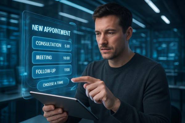 interactive appointment interface, engaged expression, swiping through options on a tablet, photorealistic, futuristic workspace with holograms, highly detailed, dynamic app animations, super sharp, metallic silver, cool-toned overhead lights, shot with a prime lens.