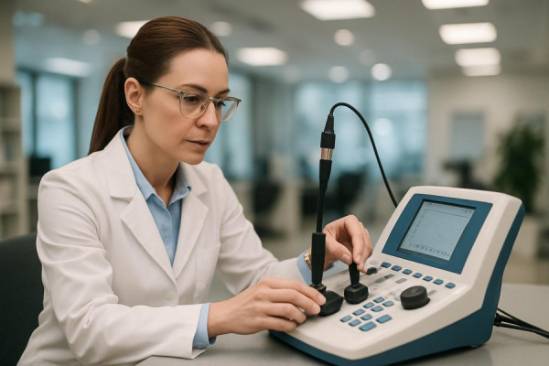 professional audiology staff, attentive, calibrating audiometer, photorealistic, spacious clinic environment, highly detailed, ambient noise visible, high-resolution, neutral, artificial office lights, shot with an 85mm lens.