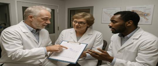 experienced audiology professionals, engaged, discussing test results, photorealistic, clinic with sound booths, highly detailed, diagrams on walls, wide-angle lens, subtle, directional lighting, shot with a 24mm lens.