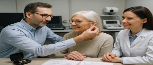 skilled audiology experts, reassuring, fitting hearing aids, photorealistic, clinic equipped with various auditory devices, highly detailed, paperwork neatly arranged, full-frame, muted, overhead fluorescent lights, shot with a 50mm lens.