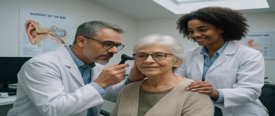 knowledgeable audiology team, supportive, conducting ear check, photorealistic, bright consultation room, highly detailed, medical posters evident, medium format, cool, skylight illumination, shot with a 70mm lens.