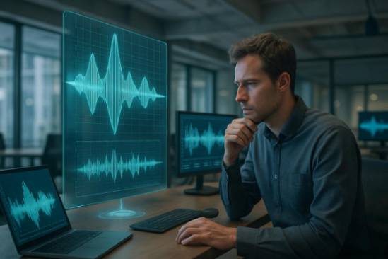 innovative vernon acoustic design, creative, analyzing sound waveforms, photorealistic, spacious modern office with acoustic graphs on screens, highly detailed, holographic sound displays, f/2.8, subdued colors, soft ambient lighting, shot with a wide-angle lens.