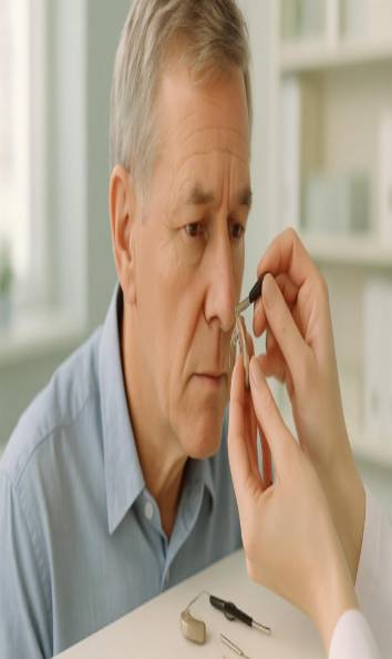 focused vernon hearingaid fitting, precise, adjusting hearing aid device, photorealistic, well-lit hearing specialist's office, highly detailed, small tools on a table, f/4, soft pastel colors, diffused natural lighting, shot with a macro lens.