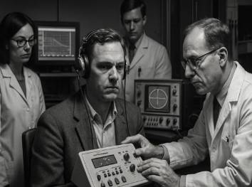 detailed vernon tests session, engaging, carrying out audiological tests, photorealistic, laboratory setting with high-tech equipment, highly detailed, technicians in lab coats working, ISO 400, monochrome palette, sharp directed lighting, shot with a 35mm lens.
