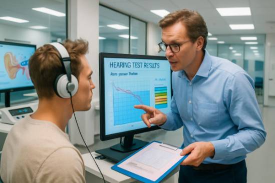 dynamic vernon hearing examination, informative, reviewing test results, photorealistic, spacious clinical environment with digital screens, highly detailed, interactive touch displays in use, ISO 160, bright colors, direct LED lighting, shot with a zoom lens.