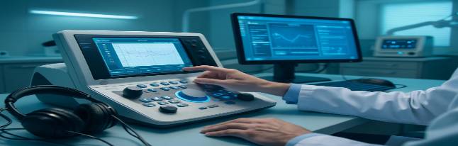 state-of-the-art audiology equipment, precise detailing, being operated, photorealistic, set in a cutting-edge clinic with ergonomic setup and digital interfaces, highly detailed, glowing screens and lights, enhanced depth of field, cool blues and grays, ambient fluorescent lighting, shot with a wide-angle lens.